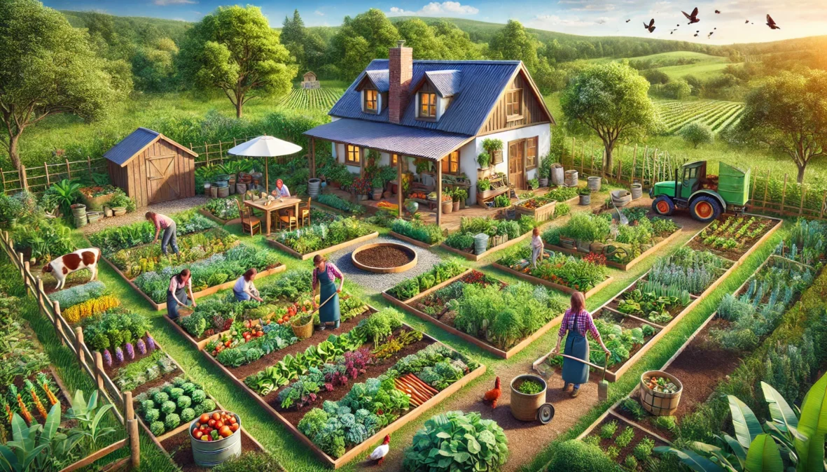 dall·e 2024 06 27 09.27.39 a photorealistic family homestead with a diverse and productive garden. the garden includes kitchen gardens, food forests, and composting areas. a fam
