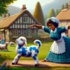 dall·e 2024 07 01 16.55.12 a charming village scene featuring mary, a young african american woman with vintage fashion, doing yoga alongside her little lamb, sir woolsworth, wh