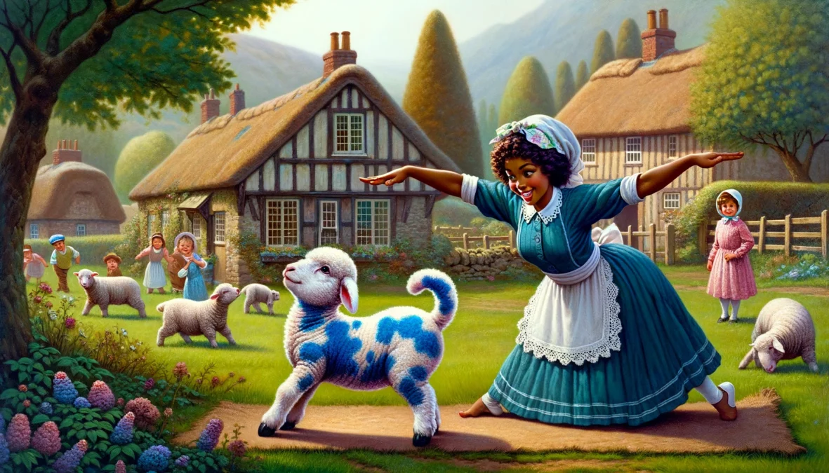 dall·e 2024 07 01 16.55.12 a charming village scene featuring mary, a young african american woman with vintage fashion, doing yoga alongside her little lamb, sir woolsworth, wh